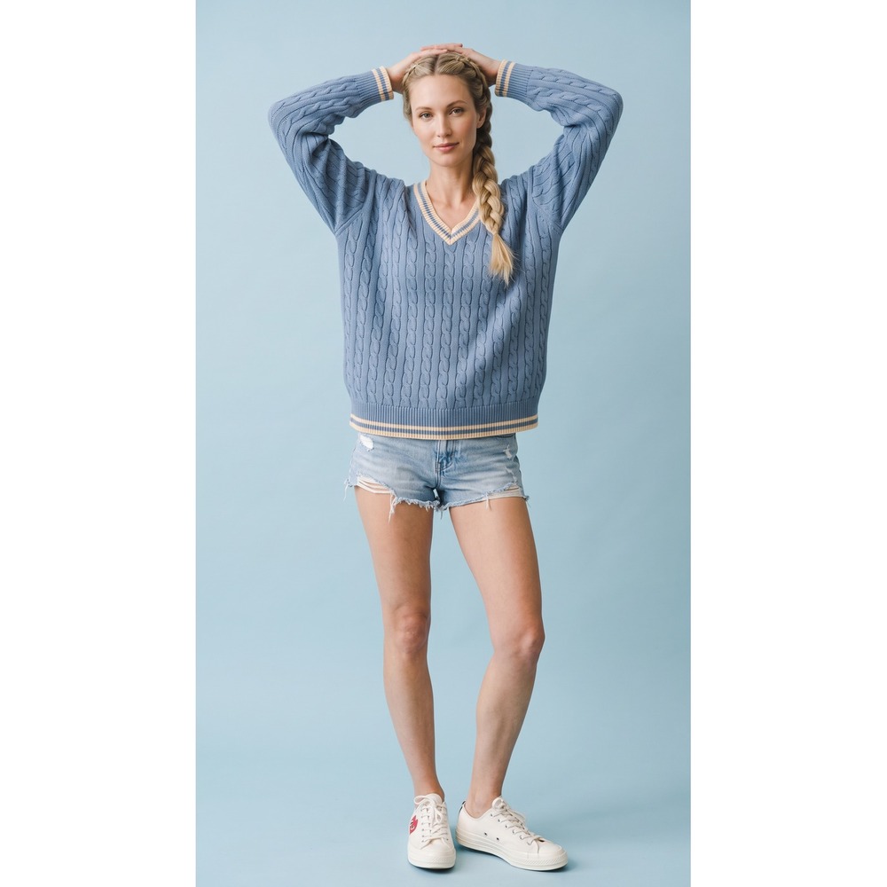 Sky Blue Cable Knit V-Neck Sweater Preppy Collegiate OS Varsity